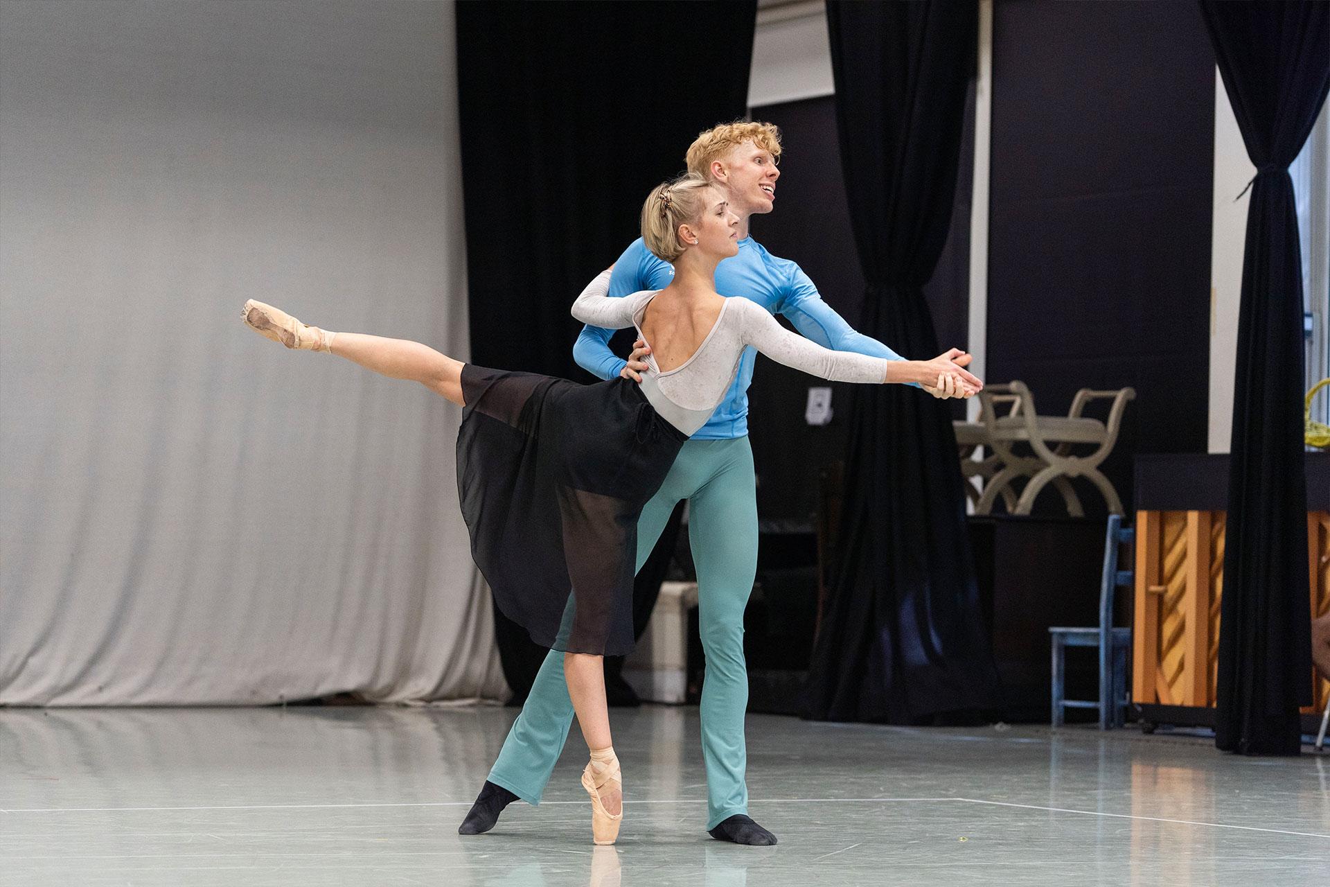 Sean Bates and Antoinette Brooks-Daw rehearsing their roles as Cinderella and The Prince. Photo Riku Ito.