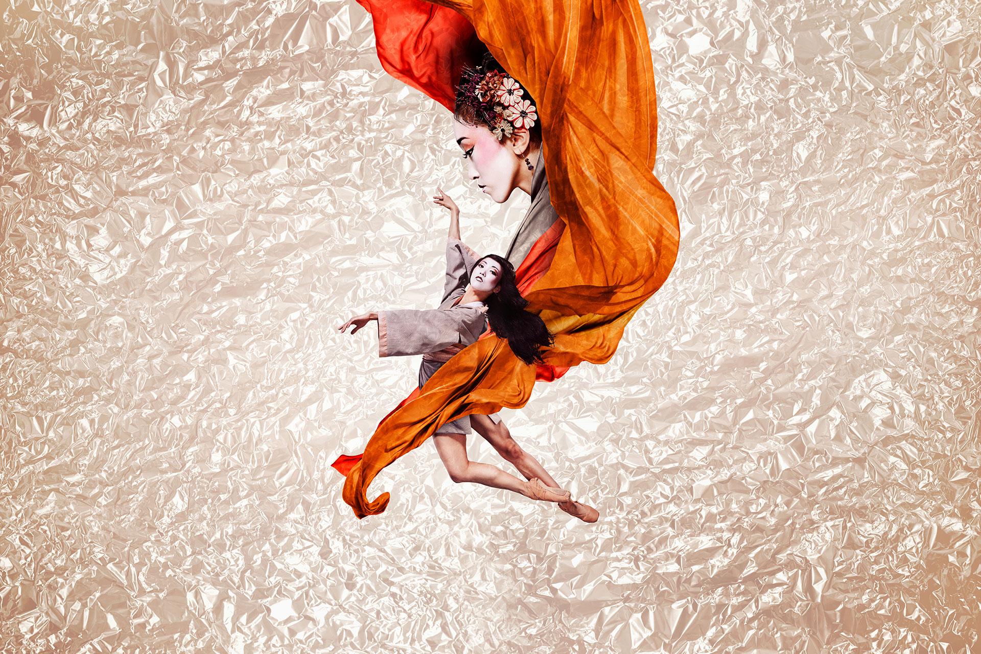 Dancers Ayami Miyata and Minju Kang on the poster for Geisha. Photo Guy Farrow.