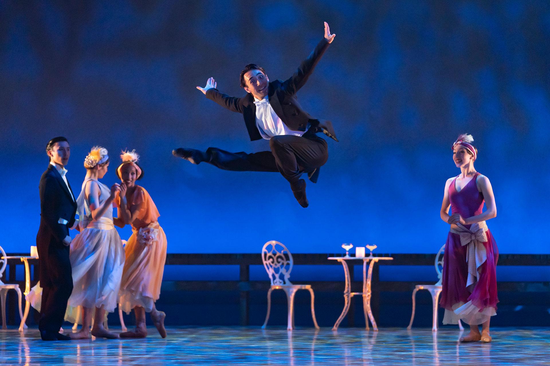 Northern Ballet dancer Riku Ito jumping impossibly high during the Charleston in The Great Gatsby. Photo Emma Kaudlahr.