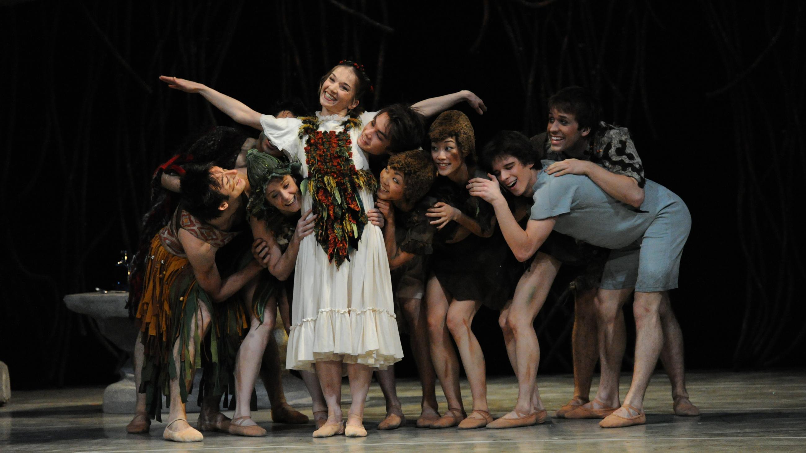 A photo of Northern Ballet dancer Pippa Moore (centre) surrounded by Northern Ballet dancers in David Nixon OBE's Peter Pan. Photo Alastair Muir (2009).