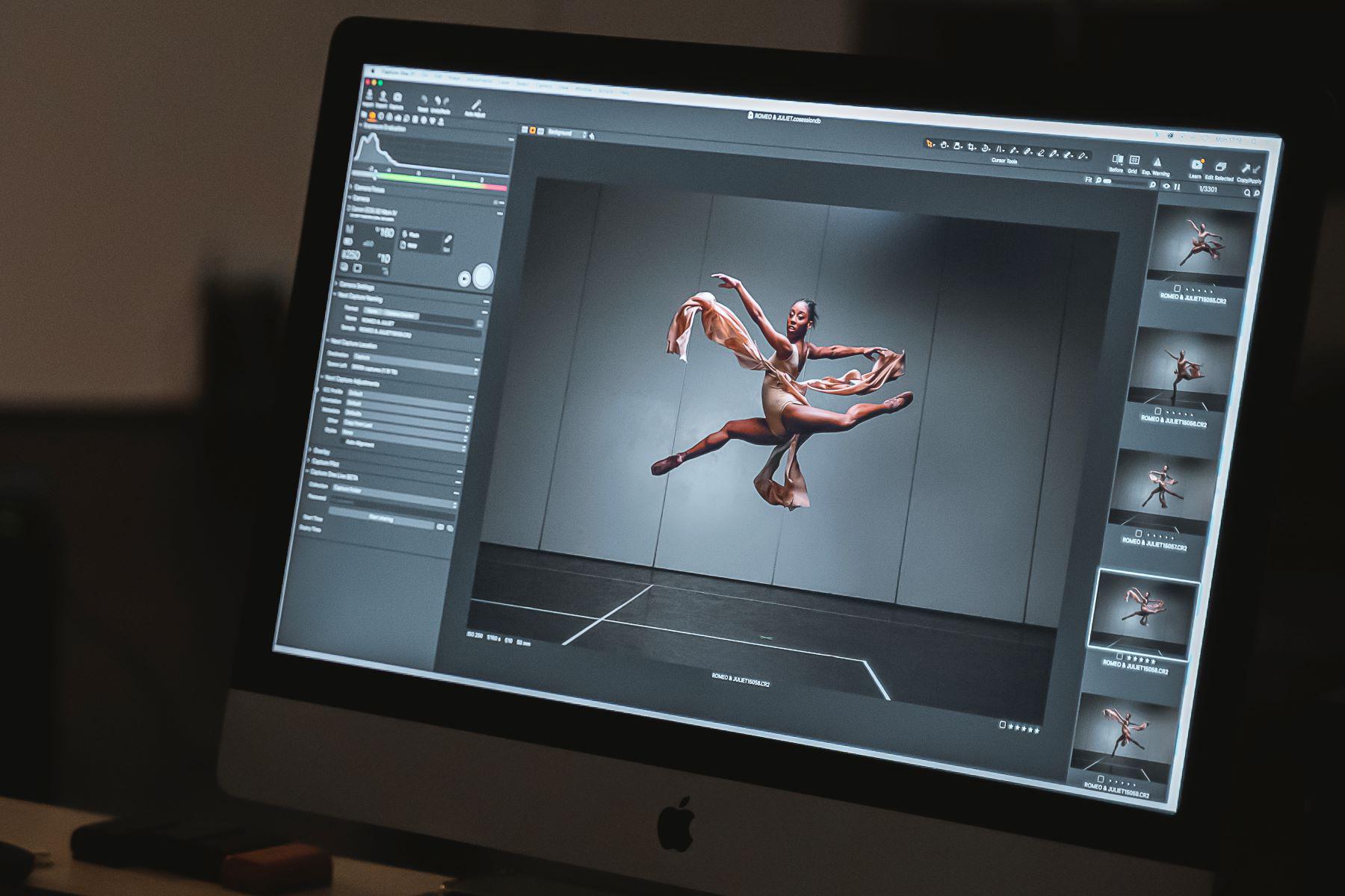 A monitor displays a preview of the Three Short Ballets poster shot.