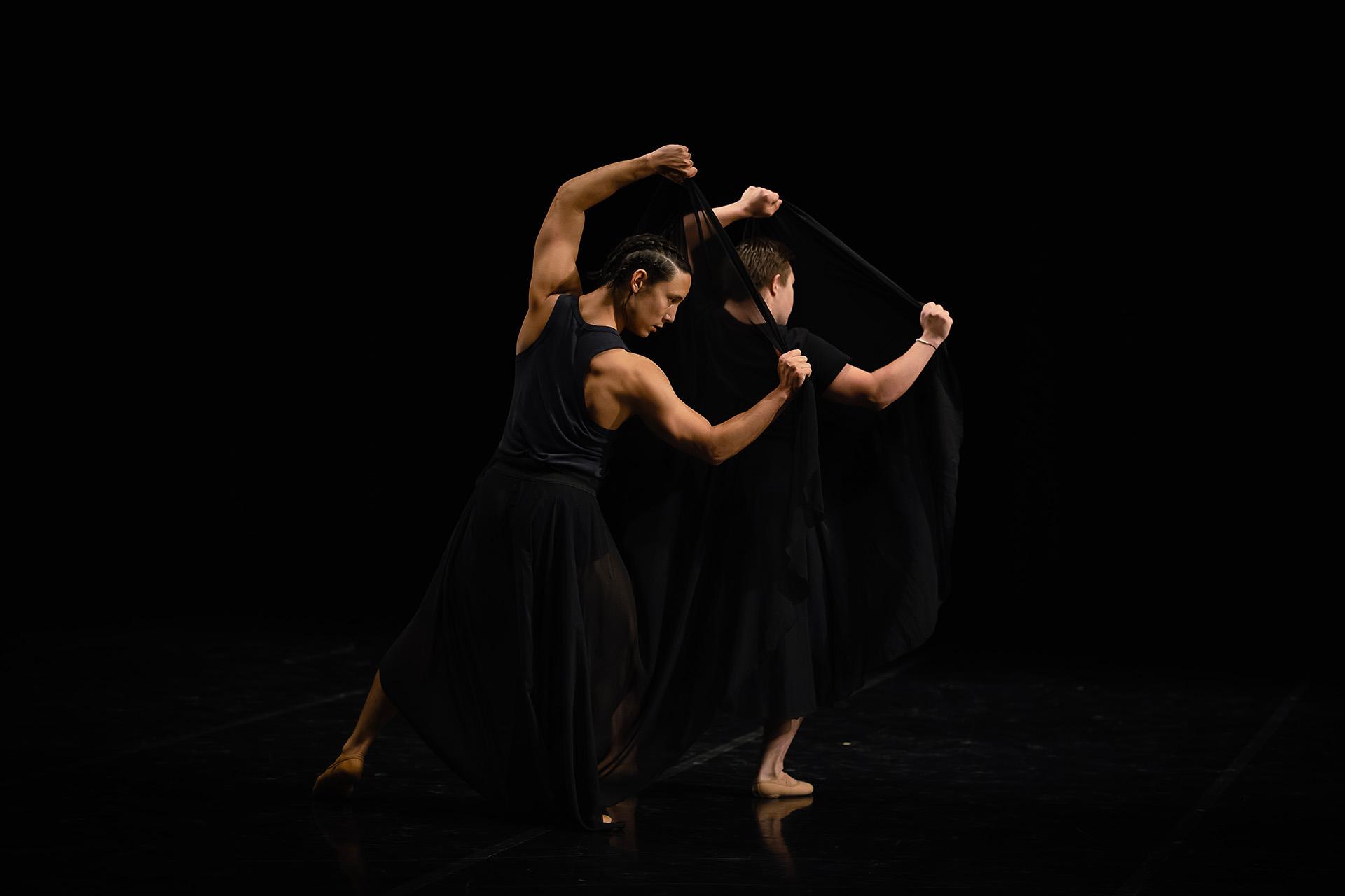Two dancers reflect each other, showing the strength of their arms