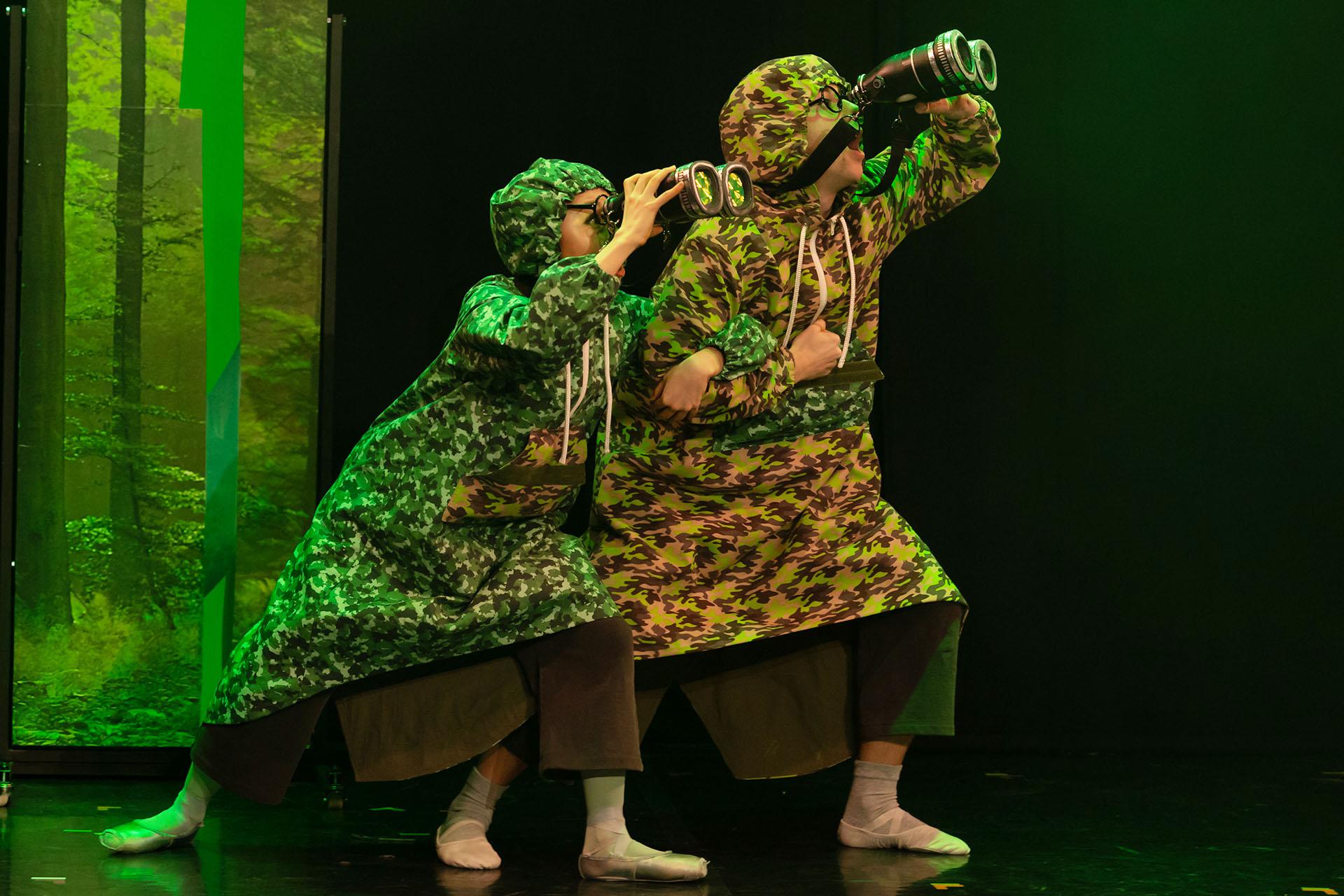 Two bird watchers wearing brown and green camouflage clothes hold binoculars to their eyes.