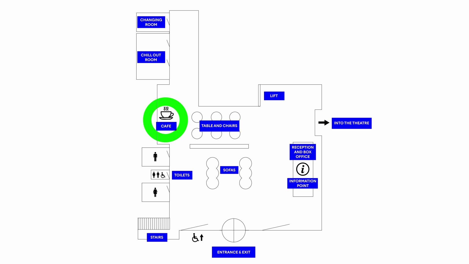 Map of the Northern Ballet ground floor layout with the café highlighted